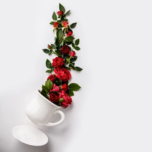 Kreatives Layout aus Kaffee- oder Teetasse mit roten Rosen auf weißem Hintergrund — Stockfoto