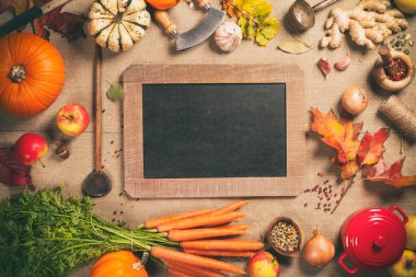 Sağlıklı yemek pişirme arka planı, üst görünüm, kopyalama alanı