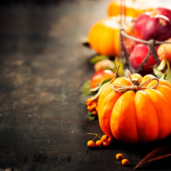 Fondo de la tarjeta de felicitación de otoño rústico con calabazas, bayas, manzanas — Foto de Stock