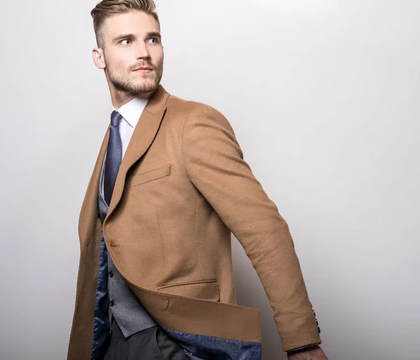 Elegant Young Handsome Man Long Stylish Coat — Stock Photo, Image