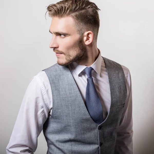 Handsome Young Elegant Man Grey Classic Vest Pose Studio Background — Stock Photo, Image