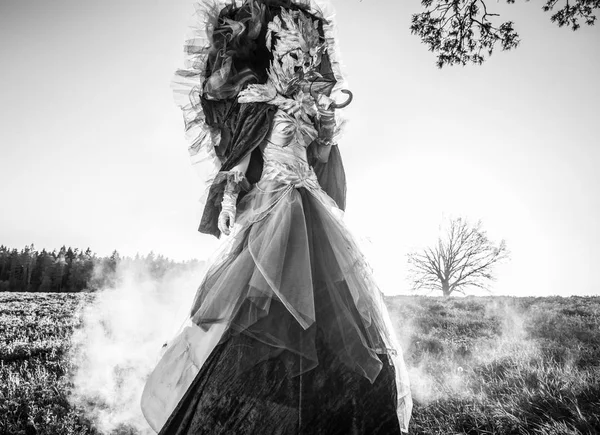 Fairy Tale Woman Stilts Bright Fantasy Stylization Black White Photo — Stock Photo, Image