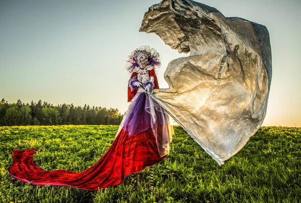 Peri Masalı Kadın Parlak Fantastik Filmde Gümüş Bayrağı Ile Stilts — Stok fotoğraf