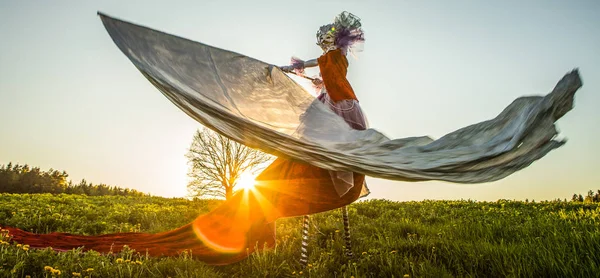 Peri Masalı Kadın Parlak Fantastik Filmde Gümüş Bayrağı Ile Stilts — Stok fotoğraf