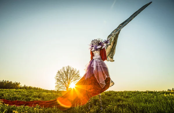 Märchenfrau Auf Stelzen Mit Silberner Fahne Greller Fantasiestilisierung Feine Kunst — Stockfoto