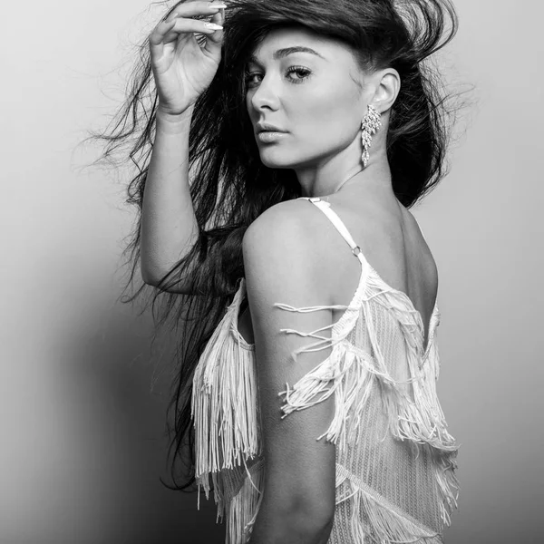 Young Beautiful Woman White Dress Black White Studio Portrait — Stock Photo, Image