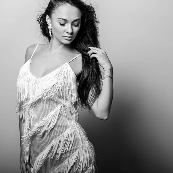 Young Beautiful Woman White Dress Black White Studio Portrait — Stock Photo, Image