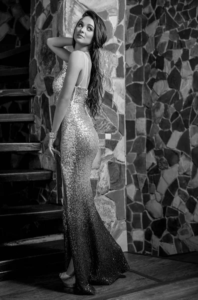 Junge Schönheitskönigin Luxuskleid Gegen Die Inneneinrichtung Des Hauses Schwarz Weiß — Stockfoto