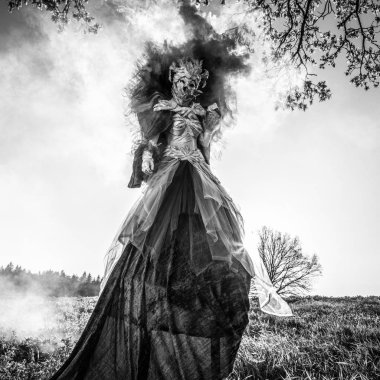 Fantezi stilizasyon stilts masal kadın. Güzel Sanatlar siyah-beyaz fotoğraf. 