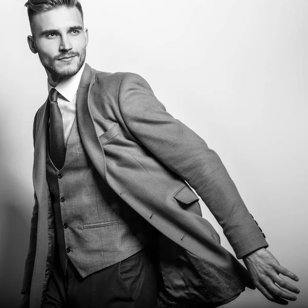 Elegant Young Handsome Man Long Stylish Coat Black White Studio — Stock Photo, Image