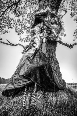 Fantezi stilizasyon stilts masal kadın. Güzel Sanatlar siyah-beyaz fotoğraf. 