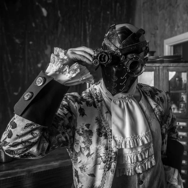 Aktor Steam Punk Maski Kostiumy Starodawny Sztuka Czarno Białe Zdjęcie — Zdjęcie stockowe