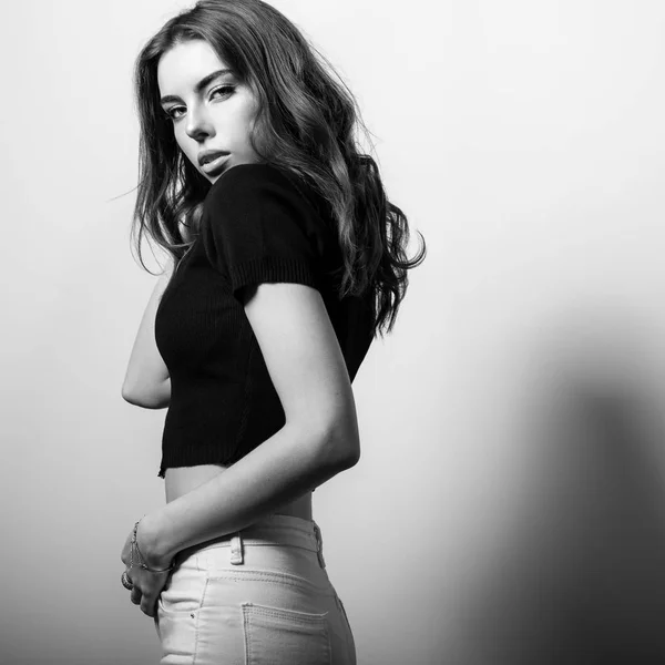 Young Beautiful Woman Black White Studio Portrait — Stock Photo, Image