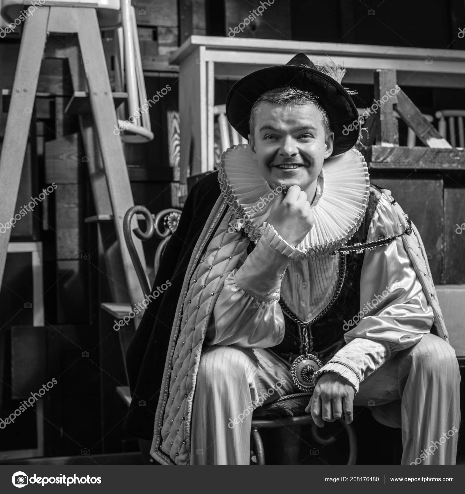 Actor Dressed Historical Costume Interior Old Theater Black White