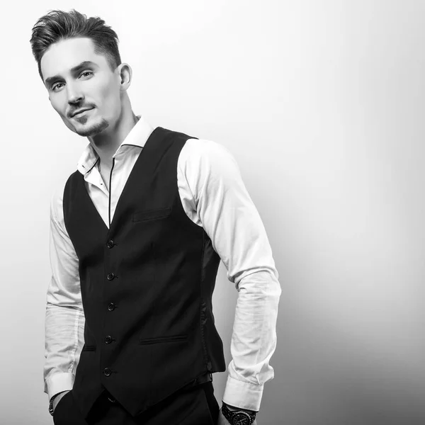 Handsome Young Elegant Man Black Classic Vest Black White Photo — Stock Photo, Image