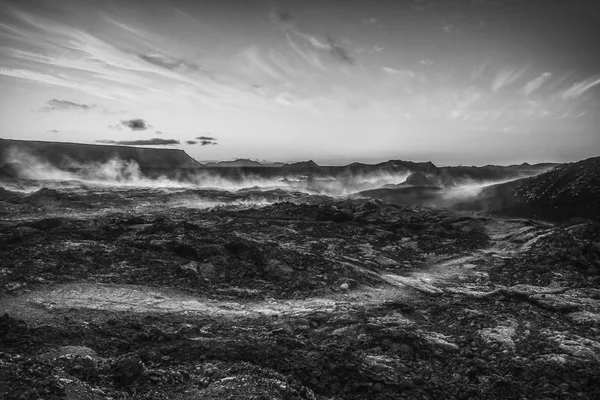 Вулканічні Поля Покриті Лавою Камінням Чорно Біле Фото — стокове фото