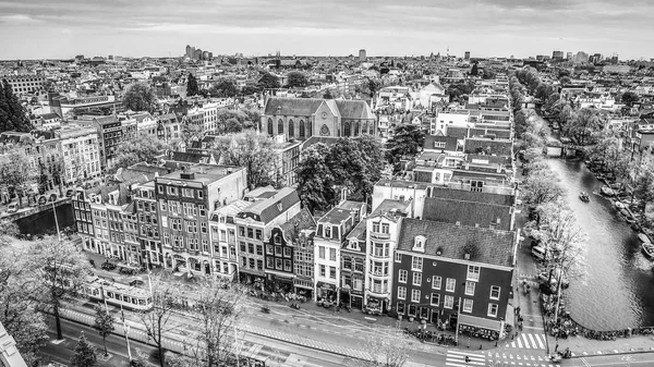 Amsterdam city top view. Black-white photo.