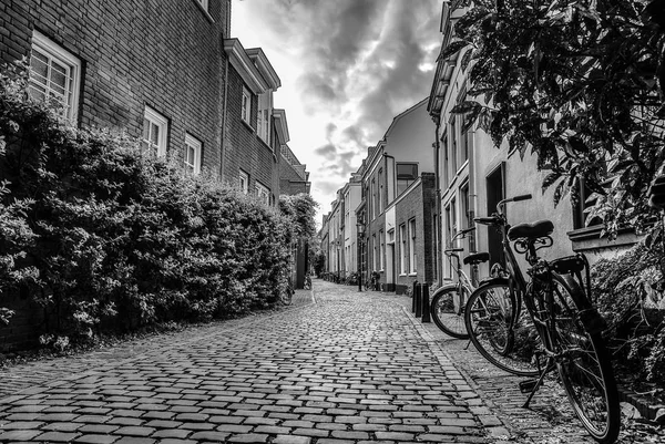 Ruas Edifícios Antiga Cidade Europeia Utrecht Foto Preto Branco — Fotografia de Stock