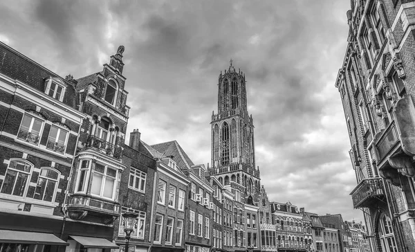 Ancient European church in Utrecht. Black-white photo.