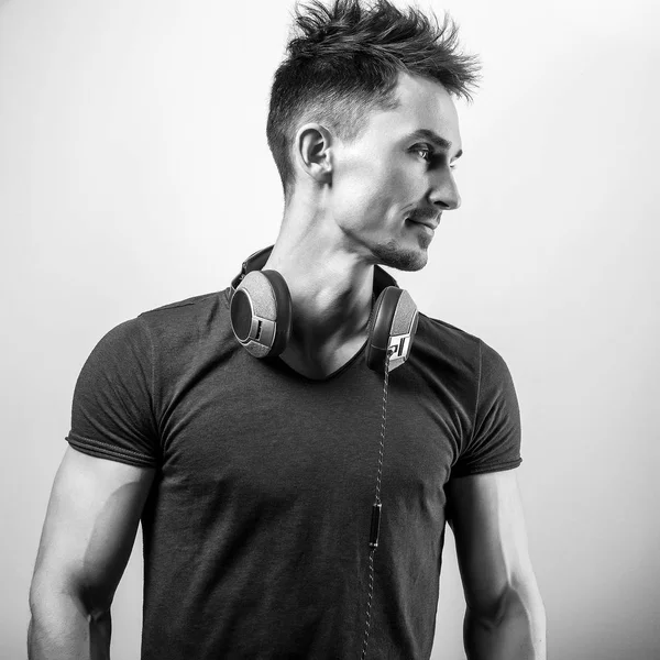 Young Handsome Man Listening Music Black White Photo — Stock Photo, Image