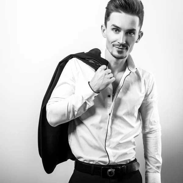 Hombre Joven Elegante Guapo Camisa Blanca Con Estilo Foto Blanco — Foto de Stock