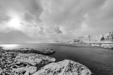 Norwegian Sea, Lofoten islands. Beautiful Norway black-white landscape. clipart