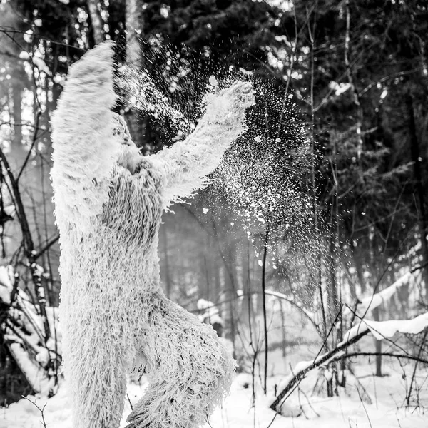 雪人童话人物在冬季森林 户外梦幻黑白色照片 — 图库照片