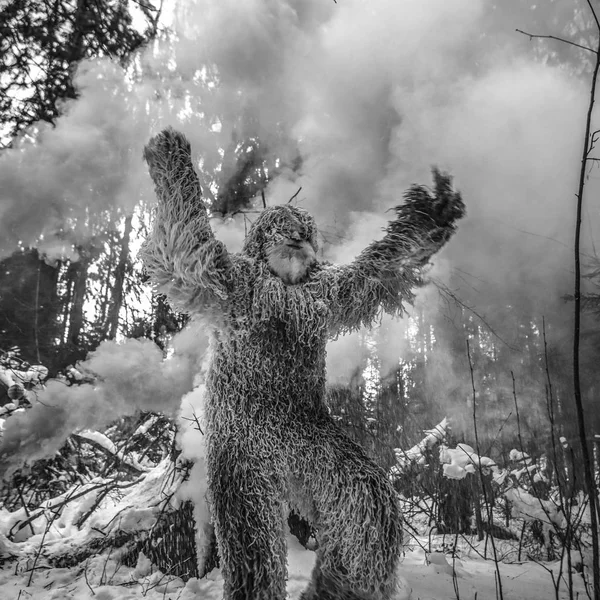 Yeti Personaje Cuento Hadas Bosque Invierno Fantasía Aire Libre Negro —  Fotos de Stock