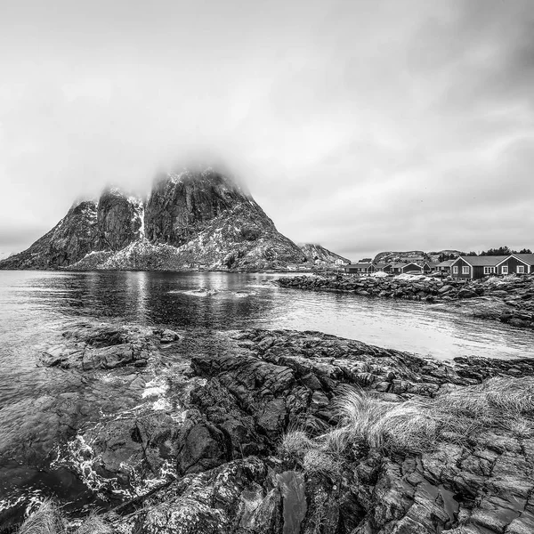 Nederzettingen Van Ambachtelijke Visserij Van Lofoten Eilanden Prachtige Zwart Wit — Stockfoto