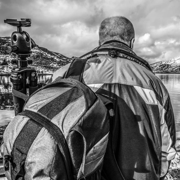 Fotógrafo Viajes Haciendo Fotos Las Islas Lofoten Blanco Negro Noruega — Foto de Stock