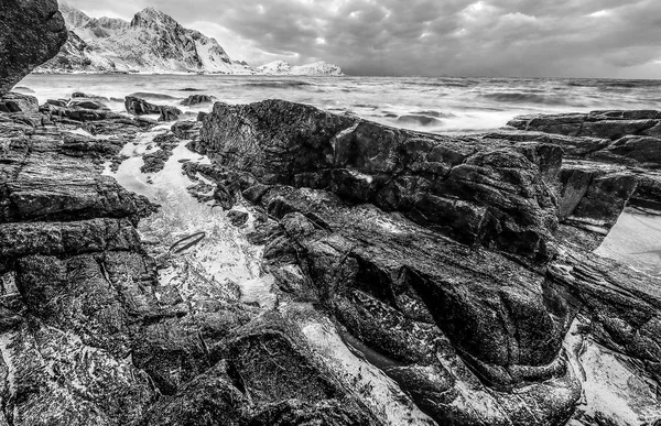 Norské Moře Ostrovy Lofoty Krásná Černo Bílá Krajina Norsko — Stock fotografie