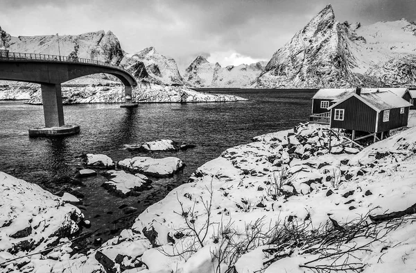 Tradiční Rybářské Osady Lofot Krásná Černo Bílá Krajina Norsko — Stock fotografie