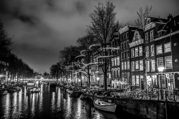 Amsterdam Pays Bas Janvier 2017 Beaux Canaux Nocturnes Amsterdam Avec — Photo