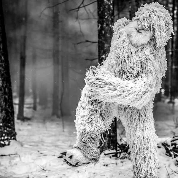 Yeti Sprookje Karakter Winter Woud Buiten Fantasie Zwart Wit Foto — Stockfoto