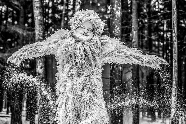 Yeti Sprookje Karakter Winter Woud Buiten Fantasie Zwart Wit Foto — Stockfoto