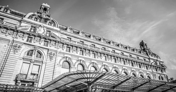 Traditional architecture of Paris buildings. Black-white photo.