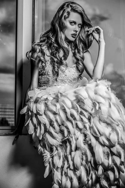 Elegante Giovane Donna Bellezza Abito Lusso Foto Bianco Nero — Foto Stock