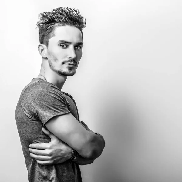 Elegant Young Handsome Man Black White Studio Photo — Stock Photo, Image