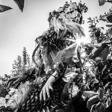 Masal fantezi filmde kız. Siyah-beyaz fotoğraf. 