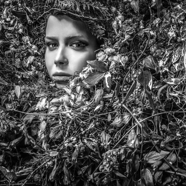 ファンタジーの様式でおとぎ話の少女 白黒写真 — ストック写真