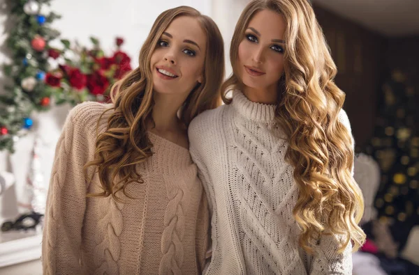 Dos Amigas Jóvenes Hermosas Positivas Posan Interior Año Nuevo — Foto de Stock