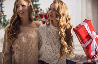 İki genç güzel pozitif kız arkadaşım yeni yıl iç poz.