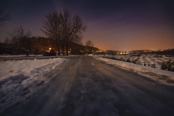 Τοπίο Νύχτα Δρόμο Χειμώνα — Φωτογραφία Αρχείου