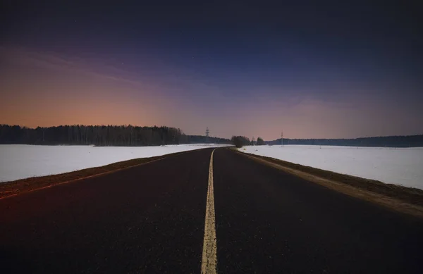 Nacht Landschap Van Winter Weg — Stockfoto