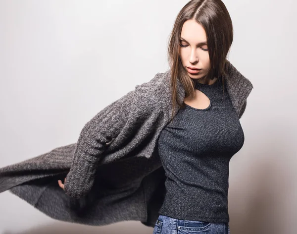 Beautiful Young Girl Gray Coat Posing Studio — Stock Photo, Image