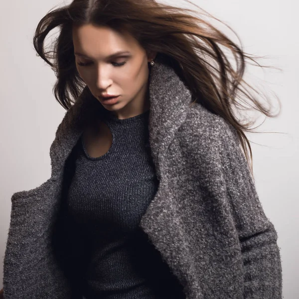 Beautiful Young Girl Gray Coat Posing Studio — Stock Photo, Image