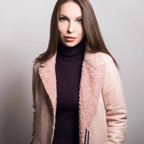 Beautiful Young Girl Pink Coat Posing Studio — Stock Photo, Image