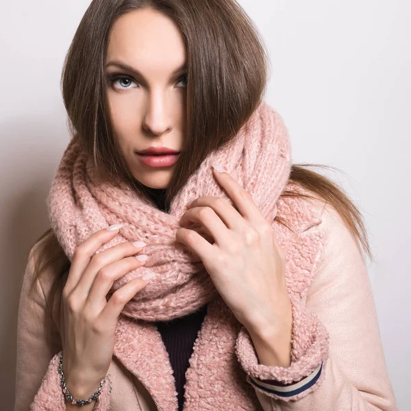 Beautiful Young Girl Pink Coat Posing Studio — Stock Photo, Image