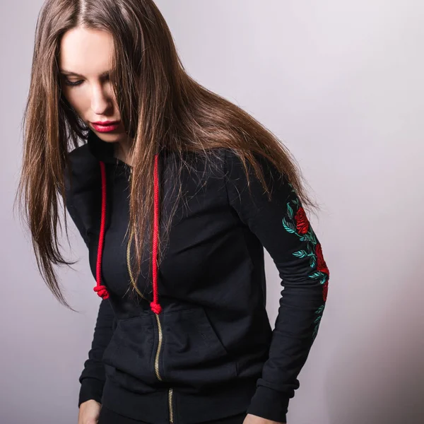 Beautiful Girl Black Switer Roses Posing Studio — Stock Photo, Image