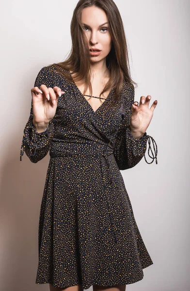 Beautiful Girl Stylish Dress Posing Studio — Stock Photo, Image